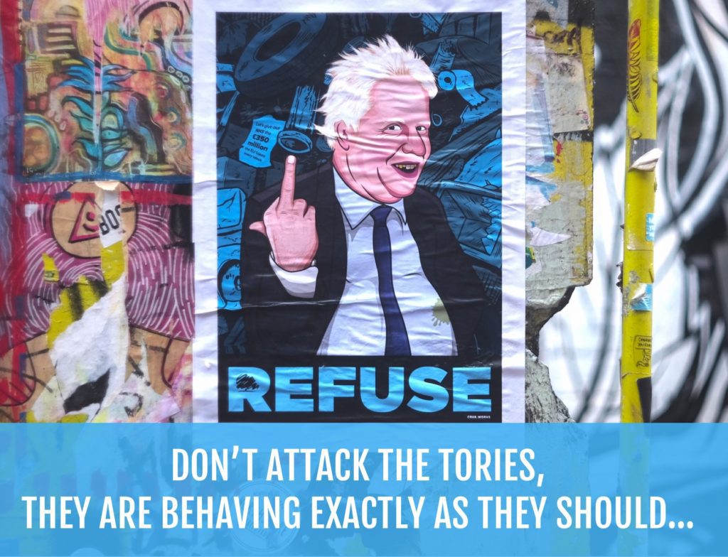 Poster of Boris Johnson giving the middle finger with the writing 'Don’t attack the Tories, they are behaving exactly as they should…' written below